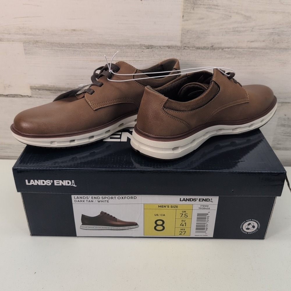 Lands End Sport Oxford Shoes Mens Dark Tan Brown Cushioned White‎ Sole NIB